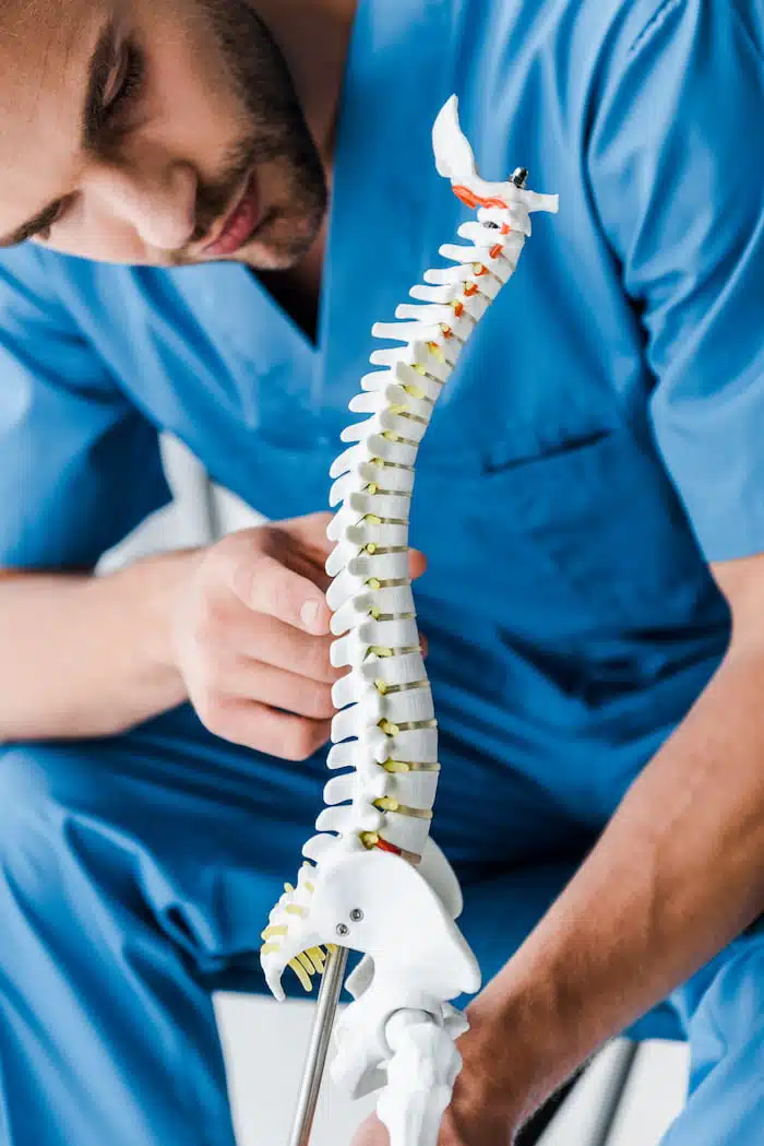 doctor showing to patient a spine model